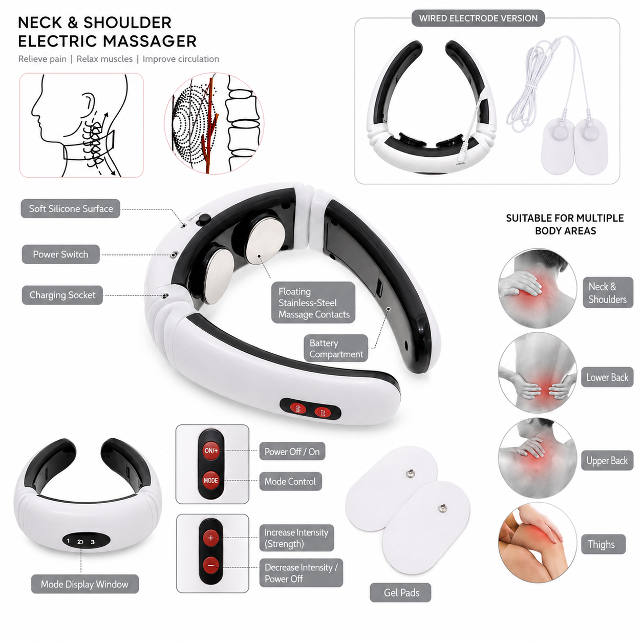 Cordless Electric Pulse Neck Massager with Heat